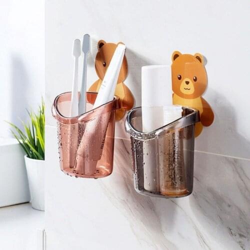 New Wall-mounted Bear Toothbrush Cup Holder Free Punching Cup Bathroom Accessories Organizer Wall Sticker Hanging Brush Holder