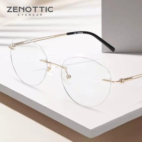 ZENOTTIC Pure Titanium Glasses Frames For Women Rimless Round Eyewear Myopia Optical Prescription Eyeglasses Frames Men