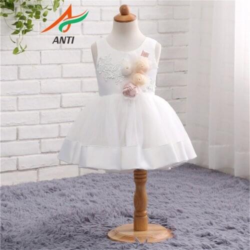 ANTI Girls solid color princess dress white dimensional flowers childrens wedding skirt round neck sleeveless girl pettiskirt