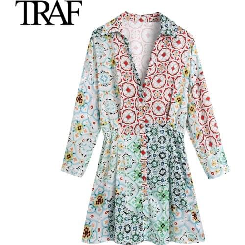 Traf Za Women Clothing Summer 2021 Long Sleeve Dresses Vintage Print Chic Mini Dress Boho Shirt Dress French Fashion Mini Dress