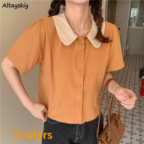 Shirts Women Peter Pan Collar Kawaii Preppy Sweet Summer Leisure 3 Colors Fashion Korean Style Mujer Popular Hot Sale Teens New