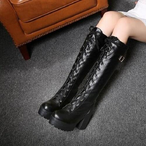 JETT DRAGON Platform Lacing Knee High Boots Women Square High Heel Motorcycle Boots Woman Pu Leather Shoes Autumn Ladies Shoes