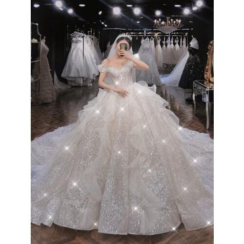 2021 New Bride One-word Shoulder Temperament Drag Pregnant Woman Sen Is A Dream Super Fairy Out of The Yarn Wedding Dress