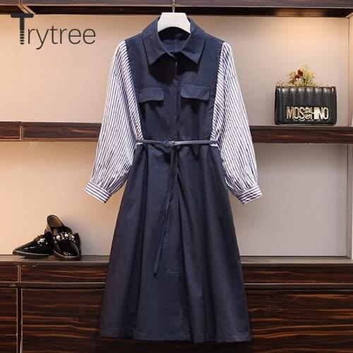 Trytree 2020 Autumn Women Casual Women Dress Turn-down Collar Striped Patchwork Pockets Belt Knee-Length Office Lady Shirt Dress