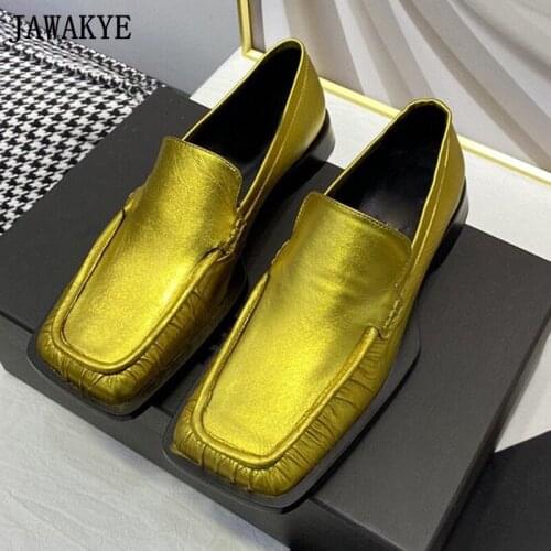 Fashion Square Toe Women Loafers Real Leather Shallow One Pedal Leisure Dress Mulers New Gold White Flats British Flat Shoes