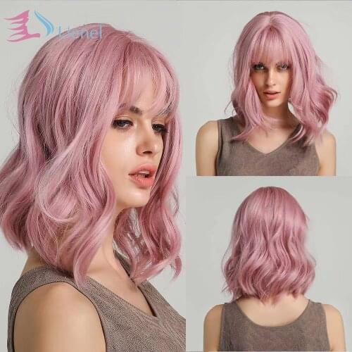 Uenel 14 Inch Bob Wigs for Women Girls Short Curly Synthetic Wig with Bangs Lovely Pink