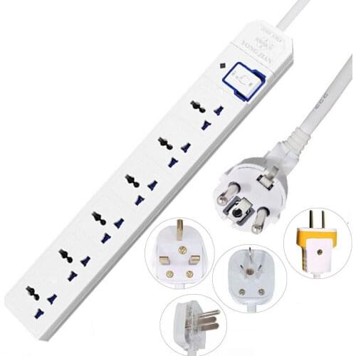 Universal Adapter Socket Power Strip 6 Ways Socket with Switch Extension Cable Socket Grounded EU/US/UK/AU/Israel Plug