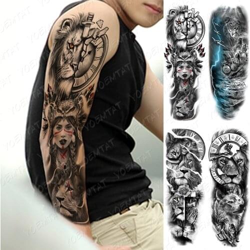 Waterproof Temporary Full Arm Tattoo Stickers Lion Girl Warrior Tribal Totem Flash Tattoos Man Body Art Fake Sleeve Tatto Female