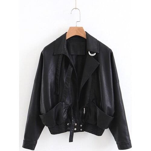 2019 Brand New Soft PU Faux Leather Jackets Women Loose Biker Motorcyle Jacket Black Lady Spring Autumn Outerwea