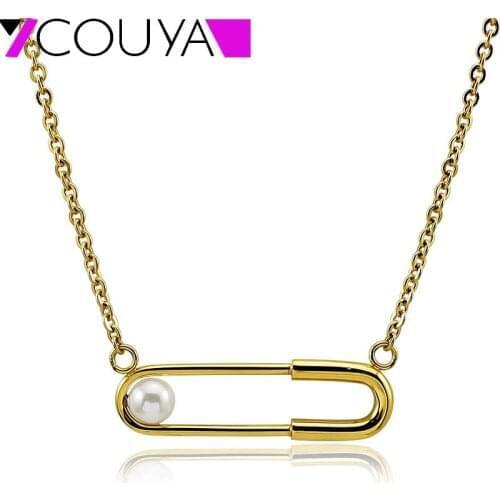 Silver color Gold color Clip Pendant Necklace Choker Women Stainless Steel Safety Pin Pearl Torques with Rolo Chain