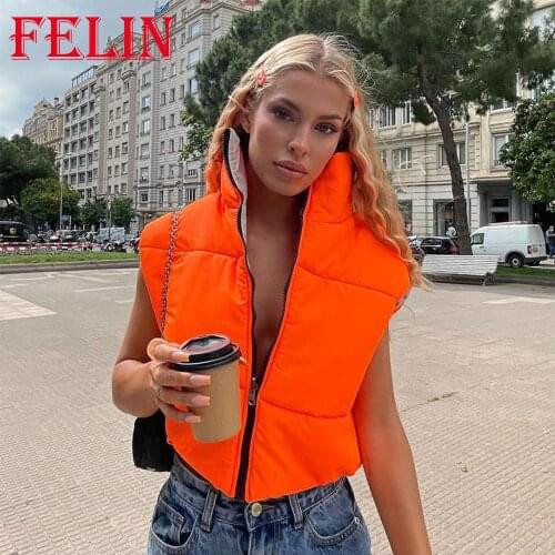 Za 2021 Chic Orange Streetwear Oversized Women Waistcoats Zipper Fashion Autumn Winter Vest Jackets Women Y2K Girls Coats