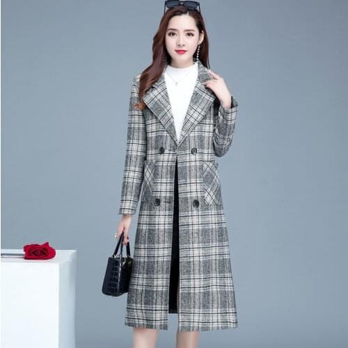 2021 Fall Winter Womens Clothing Slim Elegant Plaid Jacket Plus Size Warm Thicken Long Coat Double Breasted Female Woolen Coats