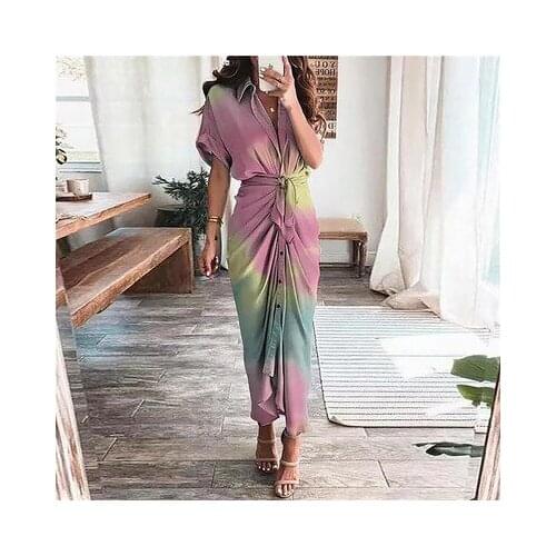 Autumn Popular European And American Womens Fashion Printing Temperament Loose Casual Lace Up Button Womens Long Dress