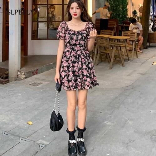 SLPBELY French Vintage Mini Dress For Women Summer Elegant Rose Printed Square Collar Puff Sleeve Dress A Line Dress Vestido