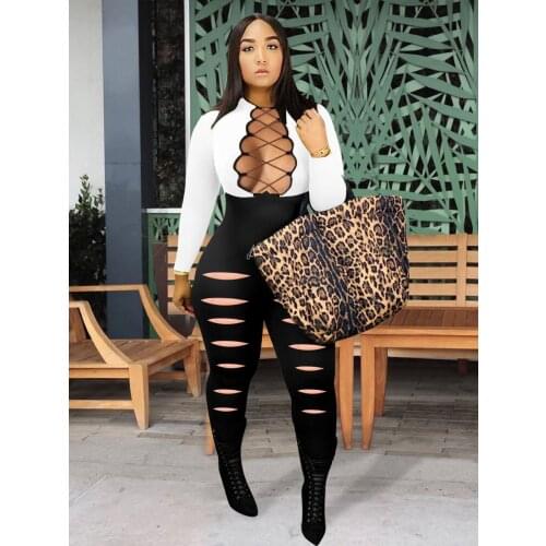 2021 Autumn /Winter New Ladies Long Sleeve Trousers Sexy Hollow-Out Tie Color Contrast Jumpsuit 956