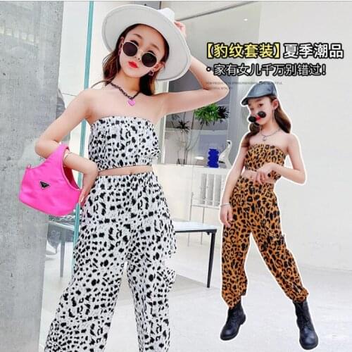 2021 Korea style girls 2 pcs leopard set vest+long pants fashion summer girls suit 4-9t B283