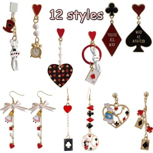 Asymmetry Bowknot Heart Long Earrings for Women Alice Girl/ Mr.Rabbit Poker card Drop Earrings Fashion jewelry Ear Studs