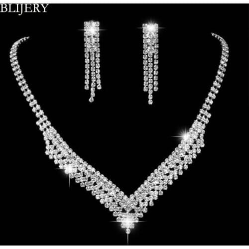 BLIJERY Fashion Crystal Geometric Bridal Jewelry Sets Silver Color Rhinestone Choker Necklace Earrings Prom Wedding Jewelry Sets