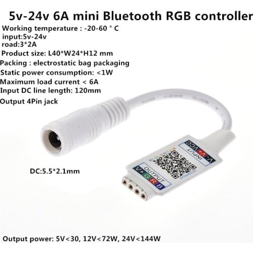 3 ways Bluetooth RGB LED Light Controller DC 5-24v 6A Mini Music Bluetooth Controller Light Strip Controller DC 5.5*2.1mm