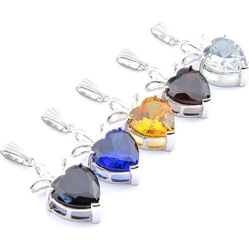 Big Offer MIX 5 PCS Holiday Gifts Heart Shape Fire Black Onyx Blue Topaz Citrine Garnet Gemstone Necklaces Pendants