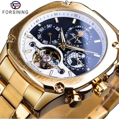 Forsining Tourbillon Automatic Watch Mens Mechanical Watches Moonphase Date Self-Winding Male Steel Wristwatch Relogio Masculino
