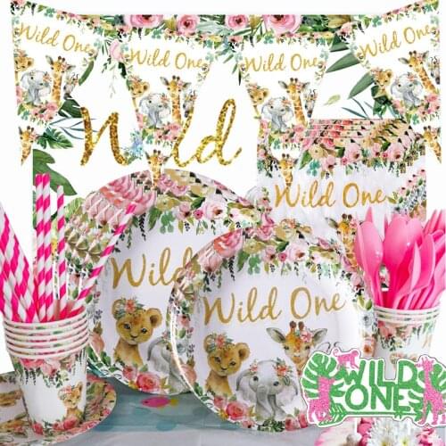 Wild One Disposable Tableware Girl Birthday Party Decor Kids Safari Woodland Forest Theme Parti DIY Jungle Baby Shower Girl