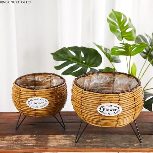 European Style Straw Woven Flower Basket Rattan Woven Flower Pot Handwoven Bamboo Woven Home Living Room Iron Decoration