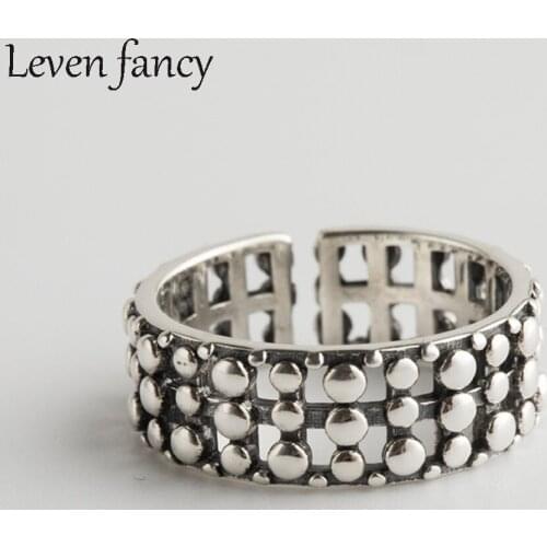 Geometric Trend Thai Silver 925 Ring Wide Face Hollow Grid Dot Stacking Men Casual Ring Resizable Vintage Jewelry Women Gift