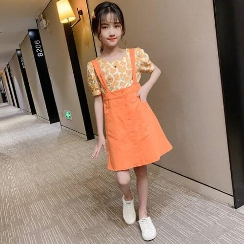 Summer Girls Suit Kids Clothing Set Baby Girl Puff Sleeve Tops & Sling Skirt 2 Pcs Outfits Children Clothes 4 6 8 9 10 12 Years
