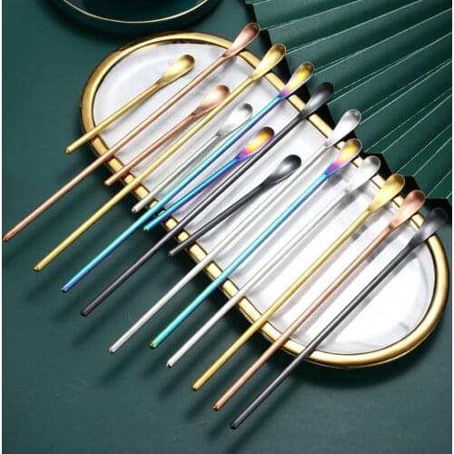 Stainless Steel Long Handle Mixing Stirring Spoon Color Hotel Coffee Mixing Spoon Dessert Fruit Ice Cake Spoon Kitchen Bar Tool