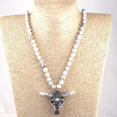 Fashion Bohemian Tribal Jewelry Frosted White Semi Precious Stone Handmake Paved Horn Pendant Necklace Ethnic Necklace