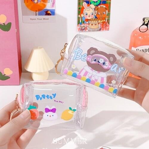 Cartoon Transparent Small Wallet Coin Purses Female Fashion Clear Keychain Key Case Money Bag Lipstick Pouch Teens Girls Rabbit