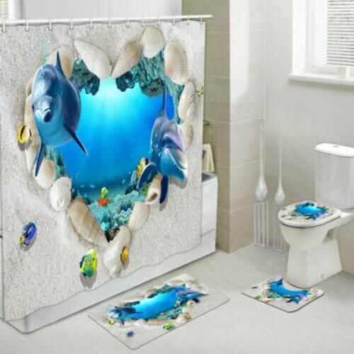 Dolphin Bathroom Non-slip Mat Set Durable Waterproof Shower Curtain Lid Toilet Cover Bath Mat Rugs