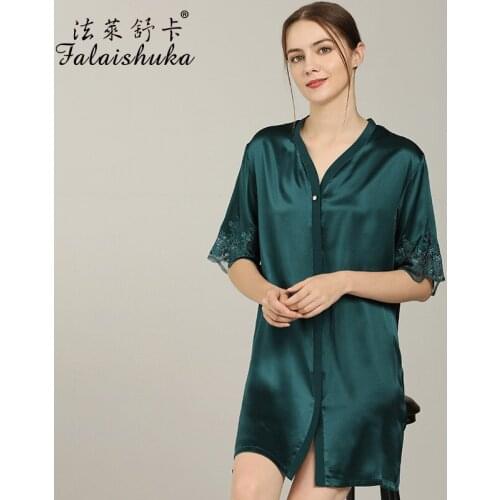 19 momme 100% natural silk sleepdress woman short sleeve Elegant gem green night dress silk sleepwear women nightshirts S5695