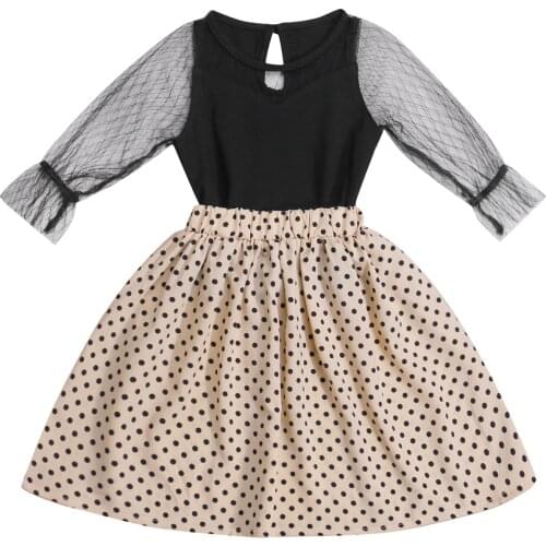 2 Pcs Infant Casual Outfits, Baby Girls Solid Color Long Sleeve Round Neck Lace Pullover + Dot Print Skirt 1-6T