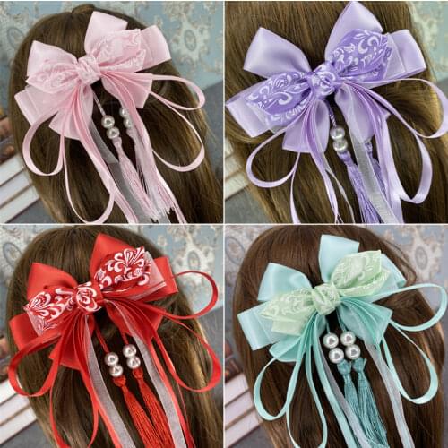 Retro Style Big Bow Tassel Ribbon Hairpin Accessories Cosplay Lolita Hanfu Hair Ribbon Clip Ancient Princess Costume Headdress