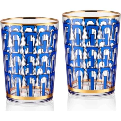 The Mia Luxury Modern Design Decorative Gift Guest Dining Catering Drink Tea Blue Gold Color Glass Water Cup 2 Pcs set 510 Cc