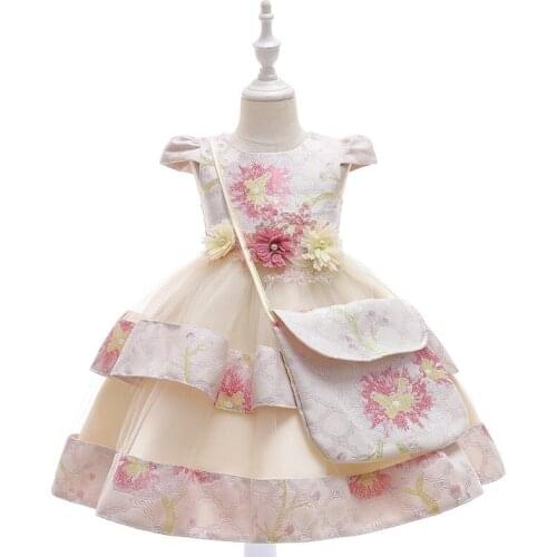 Christmas Dress Girl Party Flowers Print Dress With Bag Mesh Vestidos Puffy Layers Lace Up Champagne Cute Princess Children Gown