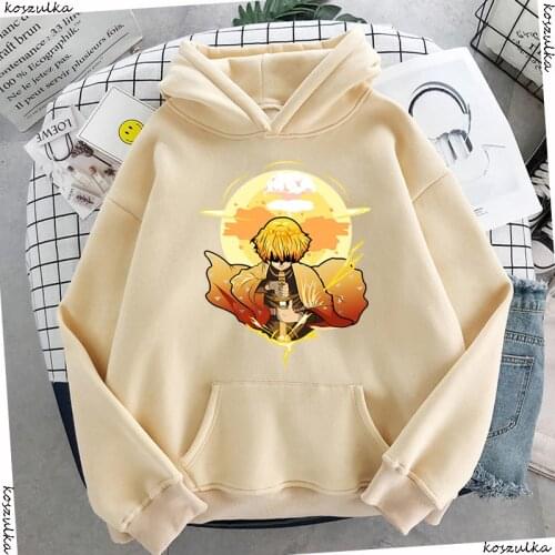 Anime Sweatshirt Demon Slayer Zenitsu Winter Casual Graphic Hoodie Men Hooded Cool Hip Hop Streetwear Beige Hoody Male