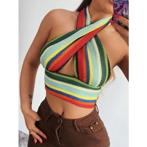 Tossy Strappy Halter Neck Tank Tops For Women Sexy Elastic Knitted Cropped Y2K Backless Club Party Wrap Top Streetwear 2021 Hot