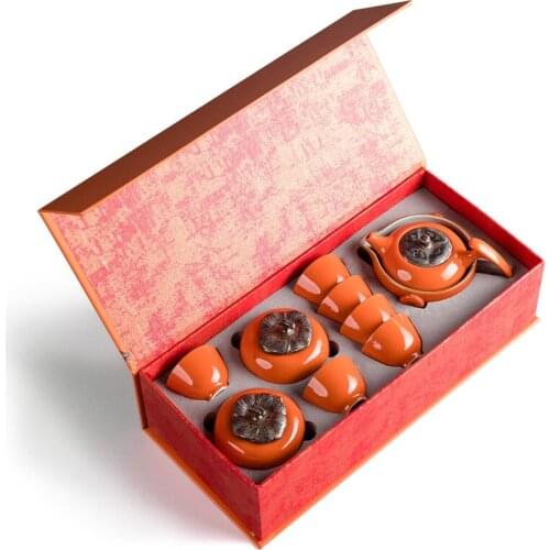 TT Porcelain Kung Fu Tea Set Creative Persimmon Teapot Sealed Tea Pot Home Small Teacup Gift Box