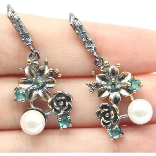 38x16mm Bohemia Design Flowers 6.5g Vintage Created Aquamarine Pink Morganite White Pearl Black Metal Silver Earrings