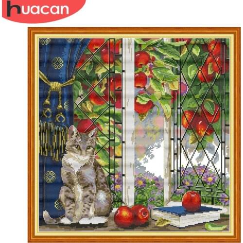 HUACAN Cross Stitch Cat Fruit Patterns 11CT 14CT Chinese Embroidery Animal Thread Sets White Canvas Needlework Handicrafts