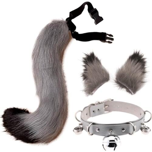 Animal Faux Fur Kitten Wolf Long Tail Ears Hair Clips And Leather Neck Collar Choker Set Halloween Party Cosplay Costume Props