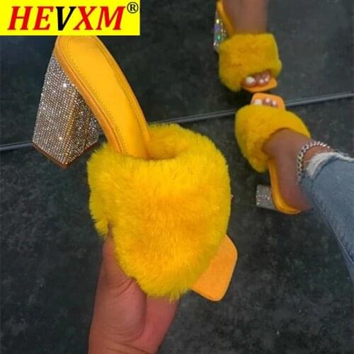 Litthing Spring/Summer 2021 New Women Fur Rubber High Heel Rhinestone Platform Outdoor Leisure Slippers Banquet Party Sandals
