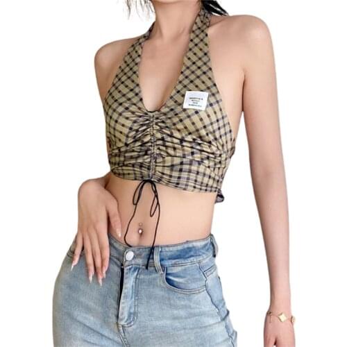 2021 Women Sexy Halter Neck Tanks Khaki Plaid Printed Pattern Sleeveless Crop Tops S/ M/ L