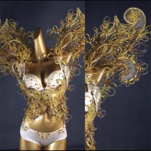 Women Sexy stage shows Golden wings bikini catwalk white Golden bright silk Rhinestonean gel wings costumes Bikini set hand-made