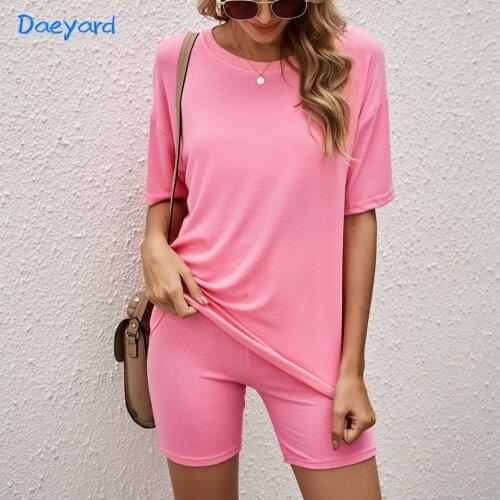 Daeyard Fashion Pajama Set For Women Solid Casual Tights Home Suit Spring Summer Short Sleeve T-Shirt Sleepwear Female PJ Set