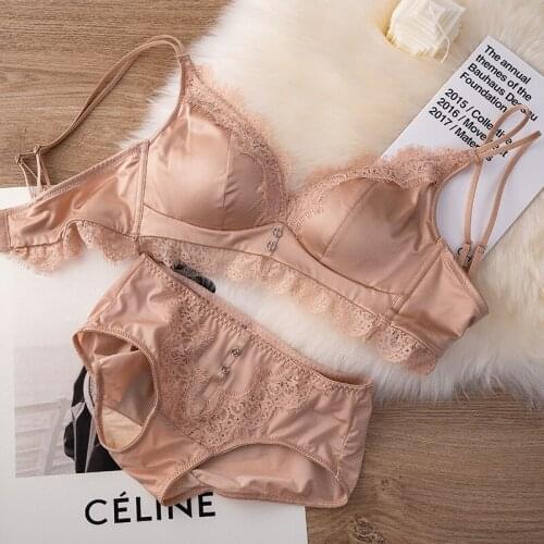 Satin silky no steel ring gather lingerie ultra-thin breathable triangle cup underwear comfortable and soft cross-strap bra set