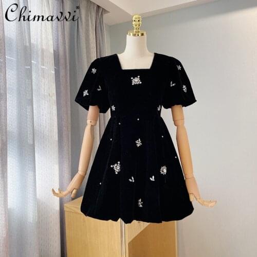 Slimming Elegant Hepburn Style High Waist Fashion Zipper Pleated Dress Womens New Square Collar Puff Sleeve Black Dress